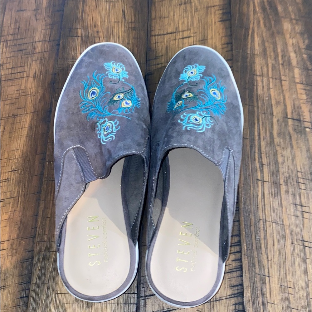 Embroidered Peacock Feather Design Suede Fabric